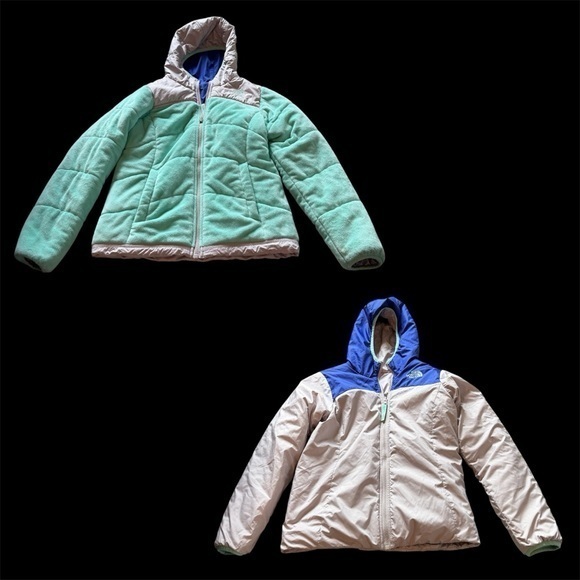 Reversible Green and White the north face Jacket with Blue Hood - Picture 1 of 11